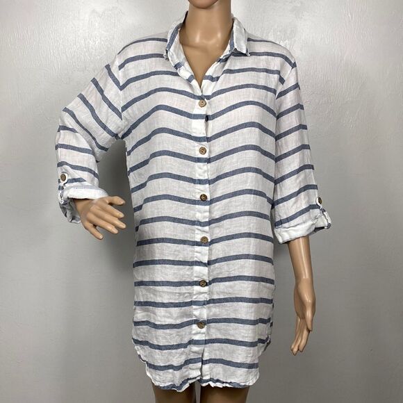 Viola Borghi Tops - Viola Borghi Linen Blue White Stripes Button Up Tunic Blouse Size S